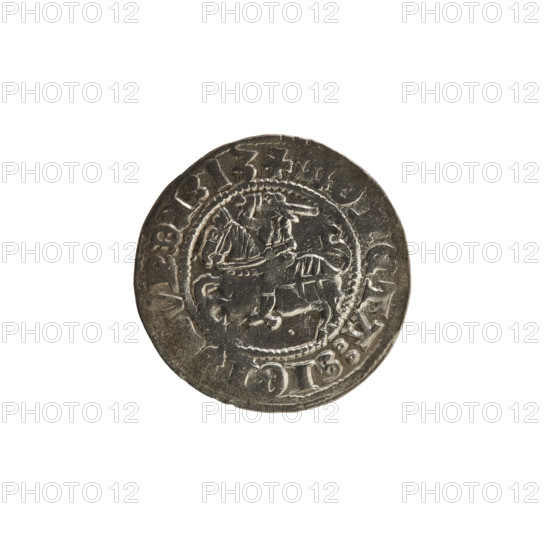 Lithuanian half-grosz, Sigismund I the Old (king of Poland; 1506–1548). Obverse: Pogon (Lithuanian coat of arms) turned left; in the rim between pearl borders an inscription: + M, ETA:SIGI, VNDI:13. Reverse: Polish crowned Eagle; in the rim between pearl borders an inscription: + MAGNI:DV, ITVANIE:, 1513. Rarity R8. Polish coin; Grand Duchy of Lithuania, Vilnius, 1513.