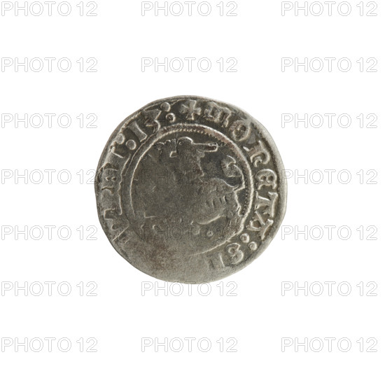 Lithuanian half-grosz, Sigismund I the Old (King of Poland; r. 1506–1548). 1513. Silver coin (half-grosz) from the Grand Duchy of Lithuania, struck in Vilnius. Obverse: Pogon (Lithuanian mounted knight) turned left; rim inscription between pearl borders: + COIN:S, VNDI:13:. Reverse: crowned Polish Eagle; rim inscription between pearl borders: I:DVCIS:LITVANIE.:. Coats of arms of Poland (eagle) and Lithuania (Pogon); Jagiellonian dynasty.
