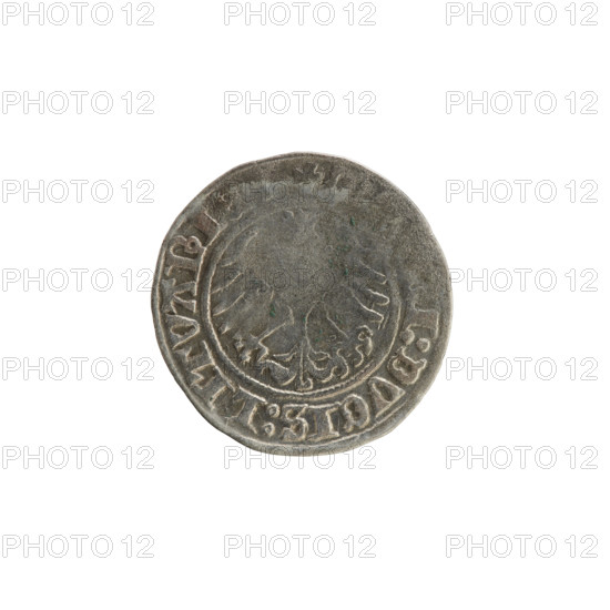 Lithuanian half-grosz, Sigismund I the Old (King of Poland; 1506–1548), 1513. Obverse: Pogon (Lithuanian coat of arms) turned left; in the rim between pearl borders an inscription: + COIN:S, VNDI:13:. Reverse: Polish crowned eagle; in the rim between pearl borders an inscription: I:DVCIS:LITVANIE.:. Material: coin; region: Grand Duchy of Lithuania (Vilnius), Poland.