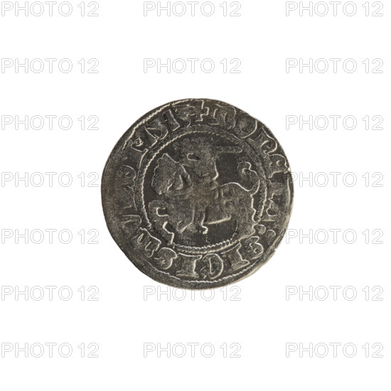 Lithuanian half-grosz, Sigismund I the Old (King of Poland; 1506–1548). Coin (1513). Obverse: Pogon (Lithuanian coat of arms) turned left; rim inscription between pearl borders: + COIN: SIGISMV, DI.1513. Reverse: Crowned Polish Eagle; rim inscription between pearl borders: + MAGN, DVCIS:LITV, IE:, 1513. Grand Duchy of Lithuania; Vilnius; Poland.