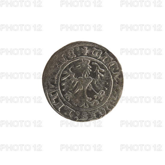 Lithuanian half-grosz, Sigismund I the Old (King of Poland; 1506–1548). Obverse: Pogon (Lithuanian coat of arms) turned left; rim between pearl borders with inscription '+ COIN: SIGISMV, DI.1513'. Reverse: Polish crowned eagle; rim between pearl borders with inscription '+ MAGN, DVCIS:LITV, IE:, 1513'. Silver coin (half-grosz), Grand Duchy of Lithuania, Vilnius, Poland.