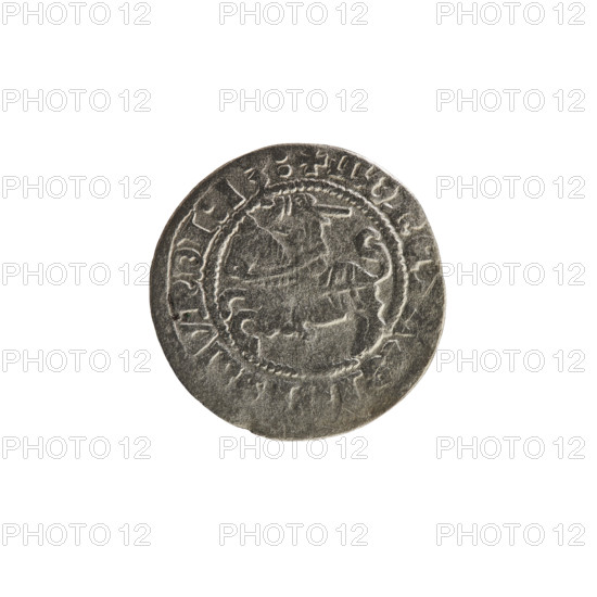 Lithuanian half-grosz, Sigismund I the Old (King of Poland; 1506–1548). Silver coin (half-grosz), 1513. Obverse: Pogon (Lithuanian coat of arms) turned left; rim inscription between pearl borders: + MONETA, VNDI:13:. Reverse: Polish crowned eagle; rim inscription between pearl borders: I:DVCIS:LITVA, 1513. Grand Duchy of Lithuania, Vilnius.