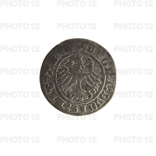 Lithuanian half-grosz, Sigismund I the Old (King of Poland; 1506–1548). Obverse: Pogon (Lithuanian coat of arms) turned left; in the rim between pearl borders an inscription: + MONETA VNDI 13. Reverse: Polish crowned eagle; in the rim between pearl borders an inscription: I DVCIS LITVA, 1513. Silver coin, Grand Duchy of Lithuania (Vilnius), early 16th century.