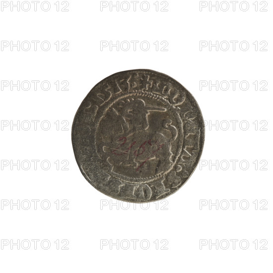 Lithuanian half-grosz, Sigismund I the Old (King of Poland; 1506–1548). Obverse: Pogon (Lithuanian charging knight) turned left; in the rim between pearl borders an inscription: + COIN:SIGIS, :1513:. Reverse: Polish crowned eagle; in the rim between pearly borders an inscription: +, AGNI:DVC, VANIE:, 1513. Silver coin, Grand Duchy of Lithuania (Vilnius), 1513. R8 (rarity). Subjects/themes: Polish coins, eagles, Jagiellonian dynasty, coats of arms.