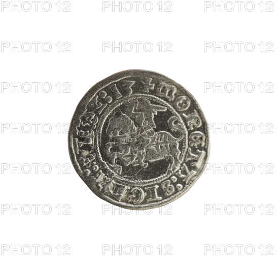 Lithuanian half-grosz, Sigismund I the Old (King of Poland; 1506–1548). Obverse: Pogon turned left; in the rim between pearl borders an inscription: + COIN:SIG, I:13. Reverse: Polish crowned eagle; in the rim between pearl borders an inscription: +, DVCIS:LITVANIE, 1513. Materials: coin; motifs: Polish eagle and Pogon (Lithuanian coat of arms); coats of arms; Grand Duchy of Lithuania, Vilnius, Poland.