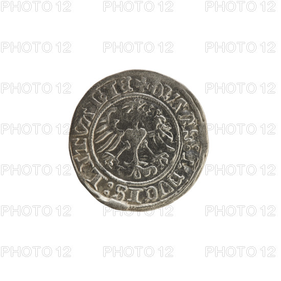 Lithuanian half-grosz, Sigismund I the Old (King of Poland; 1506–1548), 1513. Silver coin (half-grosz). Obverse: Pogon (Lithuanian mounted knight) turned left; in the rim between pearl borders an inscription: + COIN:SIG, I:13. Reverse: Polish crowned eagle; in the rim between pearl borders an inscription: +, DVCIS:LITVANIE. Coats of arms: Pogon and Polish Eagle. Grand Duchy of Lithuania, Vilnius.