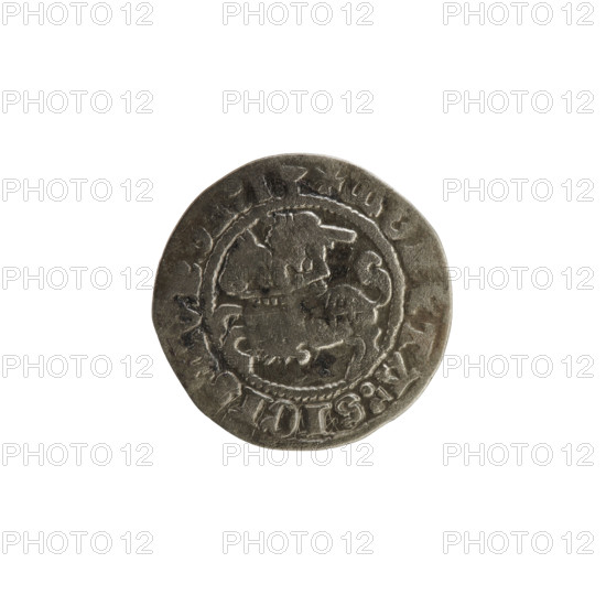 Lithuanian half-grosz, Sigismund I the Old (King of Poland; 1506–1548). Obverse: Pogon (Lithuanian coat of arms) turned left; in the rim between pearly borders an inscription: + MO, ETA:SIGISMV, DI:13. Reverse: Polish crowned eagle; in the rim between pearly borders an inscription: + MAGNI:DVCIS, ITVANIE, 1513. Coin of the Grand Duchy of Lithuania, Vilnius; Polish–Lithuanian (Jagiellon dynasty) coin.