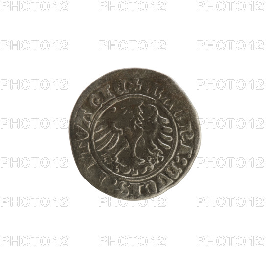 Lithuanian half-grosz, Sigismund I the Old (King of Poland; reign 1506–1548). Obverse: Pogon (Lithuanian coat of arms) turned left; in the rim between pearly borders an inscription: + MO?ETA:SIGISMVNDI:13. Reverse: crowned Polish eagle; in the rim between pearly borders an inscription: + MAGNI:DVCIS: LITVANIE, 1513. Silver coin (Grand Duchy of Lithuania, Vilnius).