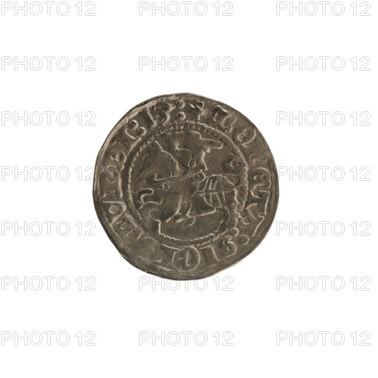 Lithuanian half-grosz, Sigismund I the Old (King of Poland; r. 1506–1548). Obverse: Pogon (Lithuanian coat of arms) turned left; in the rim between pearl borders an inscription: + MO, ETA:SIGI, MVNDI:13:. Reverse: Polish crowned eagle; in the rim between pearl borders an inscription: + AGNI:DVCIS:LITVANIE.:., 1513. Silver coin, Grand Duchy of Lithuania (Vilnius), features coats of arms of Poland and Lithuania; Jagiellon dynasty.