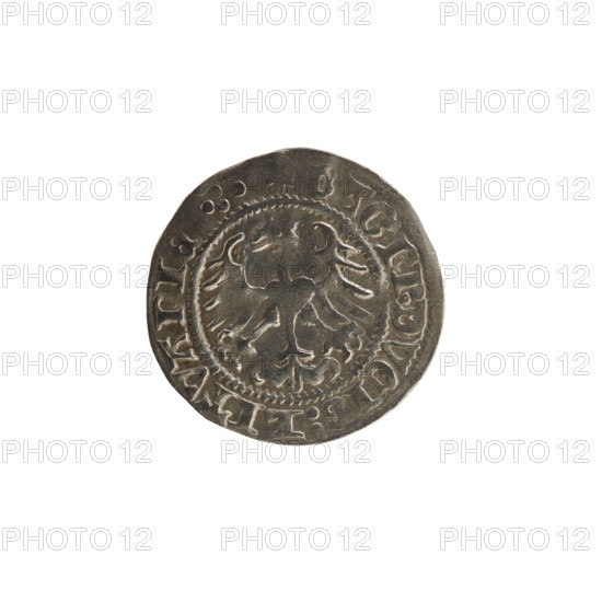 Lithuanian half-grosz, Sigismund I the Old (King of Poland; 1506–1548). Obverse: Pogon (mounted knight) turned left; in the rim between pearl borders an inscription: + MO, ETA:SIGI, MVNDI:13:. Reverse: Polish eagle with a crown; in the rim between pearl borders an inscription: + AGNI:DVCIS:LITVANIE.:., 1513. Silver coin, Grand Duchy of Lithuania (Vilnius), featuring coats of arms (Eagle, Pogon) associated with the Jagiellon dynasty.
