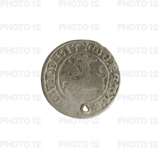 Lithuanian half-grosz, Sigismund I the Old (King of Poland; 1506–1548). Silver coin (1513). Obverse: Pogon (Lithuanian mounted knight) turned left; rim between pearl borders inscribed '+ COIN:S, MVNDI:13'. Reverse: crowned Polish Eagle; rim between pearl borders inscribed '+ MAGNI:DVCIS:LINIE'. Coats of arms: Eagle (Poland) and Pogon (Lithuania). Grand Duchy of Lithuania.