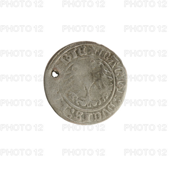 Lithuanian half-grosz, Sigismund I the Old (King of Poland; 1506–1548), 1513. Obverse: Pogon (mounted knight) turned left; in the rim between pearl borders an inscription + COIN:S, MVNDI:13. Reverse: crowned Polish eagle; in the rim between pearl borders an inscription + MAGNI:DVCIS:LINIE. Coats of arms: Eagle (Poland) and Pogon (Lithuania). Grand Duchy of Lithuania. Coin.