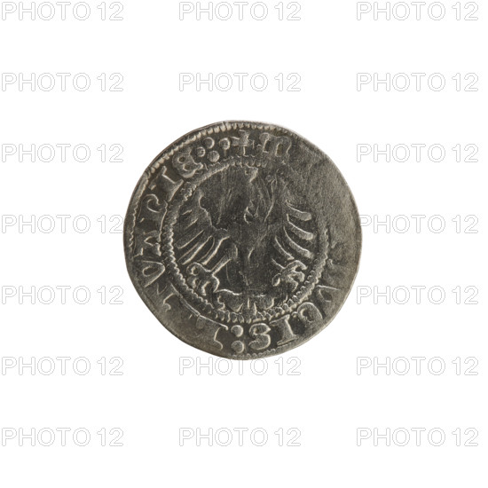 Lithuanian half-grosz, Sigismund I the Old (King of Poland; 1506–1548). Obverse: Pogon (Lithuanian coat of arms) turned left; in the rim between pearl borders an inscription: + MO, ETA:SIG, MVNDI:13. Reverse: Polish crowned eagle; in the rim between pearl borders an inscription: + M, DVCIS:L, TVANIE.:., 1513. Silver coin, Grand Duchy of Lithuania (Vilnius), Poland.