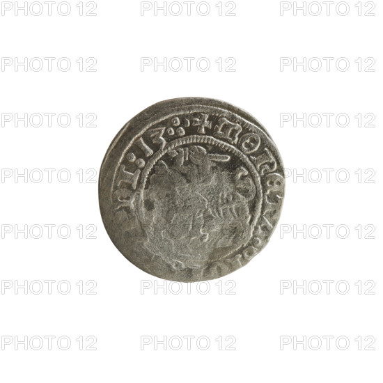Lithuanian half-grosz, Sigismund I the Old (King of Poland; 1506–1548). Obverse: Pogon (Lithuanian coat of arms) turned left; in the rim between pearly borders an inscription: + MONETA, DI:13:. Reverse: Polish crowned eagle; in the rim between pearly borders an inscription: + MAGNI:DVCIS, TVA, 1513. Silver coin, Grand Duchy of Lithuania (Vilnius), 1513.