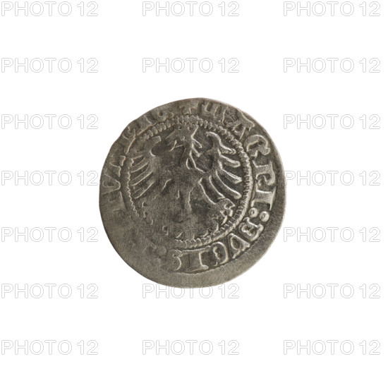 Lithuanian half-grosz, Sigismund I the Old (King of Poland; 1506–1548). Obverse: Pogon (Lithuanian coat of arms) turned left; in the rim between pearly borders an inscription: + MONETA, DI:13:. Reverse: Polish crowned eagle; in the rim between pearly borders an inscription: + MAGNI:DVCIS, TVA, 1513. Grand Duchy of Lithuania, Vilnius.