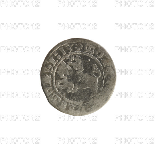 Lithuanian half-grosz, Sigismund I the Old (King of Poland; 1506–1548). Obverse: Pogon (Lithuanian coat of arms) turned left; in the rim between pearl borders an inscription: + MONE·ISMV·DI·13. Reverse: crowned Polish eagle; in the rim between pearly borders an inscription: + MA·VCIS·LITVAN·1513. Coin, Grand Duchy of Lithuania, Vilnius, 1513.