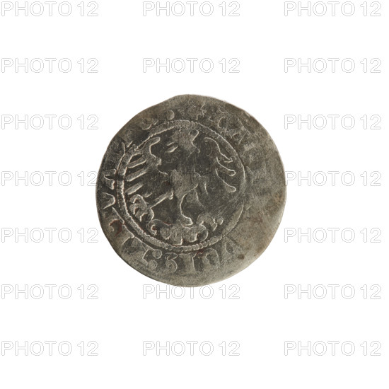 Lithuanian half-grosz, Sigismund I the Old (King of Poland; 1506–1548). Obverse: Pogon (Lithuanian coat of arms) turned left; in the rim between pearled borders an inscription: + MONE, ISMV, DI:13. Reverse: crowned Polish Eagle; in the rim between pearled borders an inscription: + MA, VCIS:LITVAN, 1513. Silver coin, Grand Duchy of Lithuania (Vilnius), Poland.