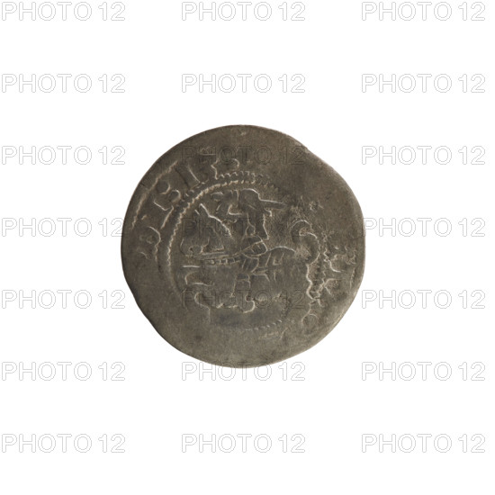 Lithuanian half-grosz, Sigismund I the Old (King of Poland; 1506–1548). Polish coin (1513). Obverse: Pogon (Lithuanian coat of arms) turned left; inscription in rim between pearl borders. Reverse: Polish crowned eagle; inscription in rim between pearl borders. Features eagles, Jagiellon dynasty coats of arms. Grand Duchy of Lithuania; Vilnius.