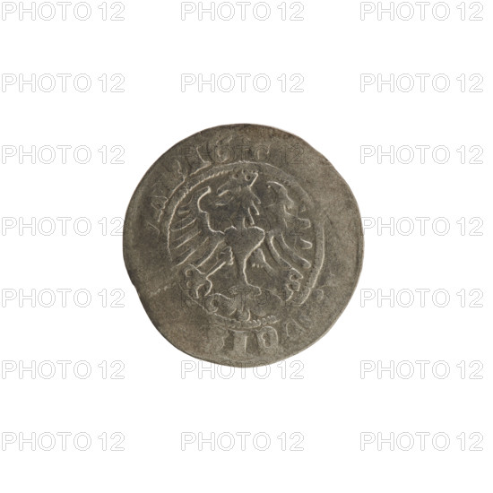 Lithuanian half-grosz, Sigismund I the Old (King of Poland; 1506–1548). Obverse: Pogon (mounted knight) turned left; in the rim between pearl borders an inscription. Reverse: crowned Polish Eagle; in the rim between pearl borders an inscription including date 1513. Silver coin of the Grand Duchy of Lithuania, struck in Vilnius.
