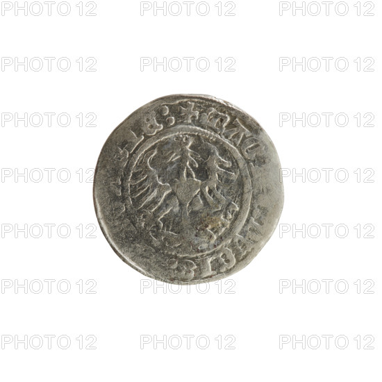 Lithuanian half-grosz, Sigismund I the Old (King of Poland, 1506–1548); 1513. Obverse: Pogon (Lithuanian coat of arms) turned left; in rim between pearl borders an inscription: + MO:SI:NDI:13:. Reverse: Polish crowned eagle; in rim between pearl borders an inscription: + MAGNI:DVCIS:LITVANIE. Coats of arms; Polish–Lithuanian coin.