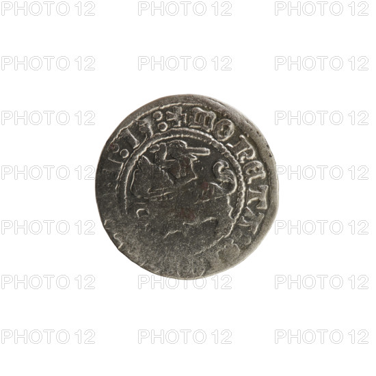 Lithuanian half-grosz, Sigismund I the Old (King of Poland; 1506–1548). Obverse: Pogon (Lithuanian coat of arms) turned left; rim between pearl-shaped borders with inscription '+ COIN:, I:13:'. Reverse: Polish crowned eagle; rim between pearl-shaped borders with inscription 'NI:DVCIS:LITVA'. Dated 1513. Coin of the Grand Duchy of Lithuania (Vilnius), Polish–Lithuanian realm.