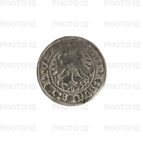 Lithuanian half-grosz, Sigismund I the Old (King of Poland; 1506–1548). Obverse: Pogon (Lithuanian coat of arms) turned left; in the rim between pearl-shaped borders an inscription: + COIN:, I:13:. Reverse: Polish crowned eagle; in the rim between pearl-shaped borders an inscription: NI:DVCIS:LITVA. Dated 1513. Grand Duchy of Lithuania, Vilnius. Coin.