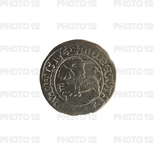 Lithuanian half-grosz, Sigismund I the Old (King of Poland; 1506–1548). Obverse: Pogon (Lithuanian coat of arms) turned left; in the rim between pearl borders an inscription: + COIN:SI, NDI:13.:. Reverse: Polish crowned eagle; in the rim between pearly borders an inscription: + M, :DVCIS:LITVANIE:.; dated 1513. Grand Duchy of Lithuania, Vilnius. Materials: coin, heraldic motifs (eagles, Jagiellon dynasty coats of arms).
