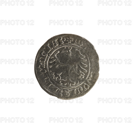 Lithuanian half-grosz, Sigismund I the Old (King of Poland; 1506–1548). Silver coin (1513). Obverse: Pogon (Lithuanian coat of arms) turned left; rim between pearl borders with inscription '+ COIN:SI, NDI:13.:.' Reverse: Polish crowned eagle; rim between pearl borders with inscription '+ M, :DVCIS:LITVANIE:.' Grand Duchy of Lithuania, Vilnius.