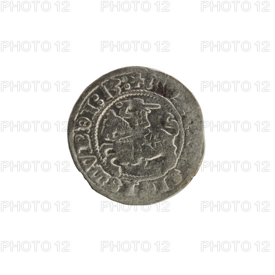 Lithuanian half-grosz, Sigismund I the Old (King of Poland; 1506–1548). Obverse: Pogon (Lithuanian coat of arms) turned left; in the rim between pearl borders an inscription: + MO, ISMVNDI:13:. Reverse: Polish crowned eagle; in the rim between pearl borders an inscription: + MAGNI:DVC,:LI,IE:, 1513. Silver coin, Grand Duchy of Lithuania, Vilnius; Polish–Lithuanian numismatic piece.
