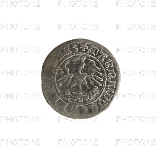 Lithuanian half-grosz, Sigismund I the Old (King of Poland; 1506–1548). Silver coin (half-grosz), 1513. Obverse: Pogon (Lithuanian horseman) turned left; rim between pearl borders inscribed '+ MO ISMVNDI : 13 :'. Reverse: Polish crowned eagle; rim between pearl borders inscribed '+ MAGNI : DVC : LI : IE : 1513'. Coats of arms: Pogon and Eagle; Jagiellon dynasty. Grand Duchy of Lithuania, Vilnius.
