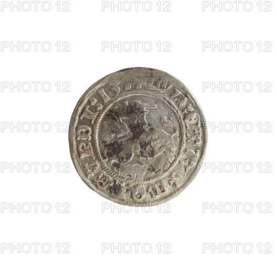 Lithuanian half-grosz, Sigismund I the Old (King of Poland; 1506–1548). Obverse: Pogon (Lithuanian coat of arms) turned left; in the rim between pearled borders an inscription: + 13+MO VNDI:13. Reverse: Polish crowned eagle; in the rim between pearled borders an inscription: + I:DVC : NIE.:. 1513. Silver coin, Grand Duchy of Lithuania, Vilnius.