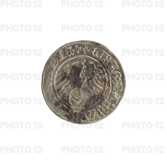 Lithuanian half-grosz, Sigismund I the Old (King of Poland; reign 1506–1548). Silver coin (half-grosz), 1513, Grand Duchy of Lithuania (Vilnius). Obverse: Pogon (Lithuanian coat of arms) turned left; rim between pearl borders with inscription: +, 13+MO, VNDI:13. Reverse: Polish crowned eagle; rim between pearl borders with inscription: +, I:DVC, :, NIE.:., 1513. Features coats of arms of the Jagiellon dynasty.