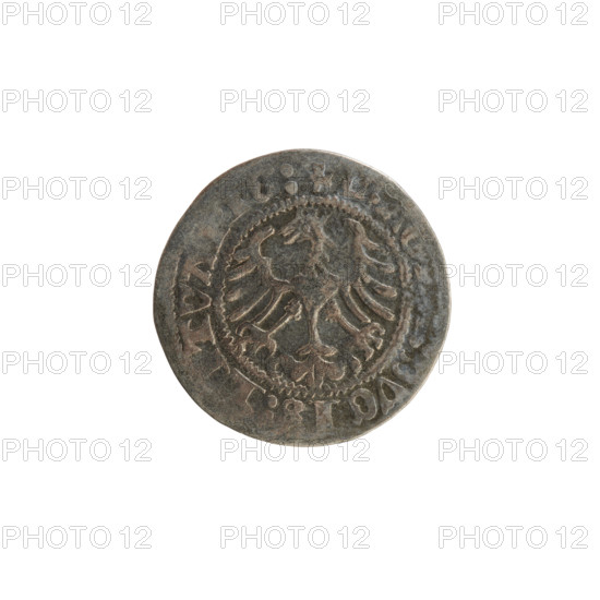 Lithuanian half-grosz, Sigismund I the Old (King of Poland; 1506–1548). Obverse: Pogon (Lithuanian coat of arms) turned left; in the rim between pearl borders an inscription: + M, ETA:SIG, SMV, I, 13:. Reverse: Polish crowned eagle; in the rim between pearly borders an inscription: + :DVCIS:LITVANIE:; dated 1513. Coin of the Grand Duchy of Lithuania (Vilnius), Polish–Lithuanian realm.