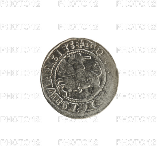 Lithuanian half-grosz, Sigismund I the Old (King of Poland; 1506–1548). Silver coin (1513). Obverse: Pogon (Knight of Lithuania) turned left; in the rim between pearl borders an inscription: + MO, IGISMV, DI:13. Reverse: Polish crowned eagle; in the rim between pearl borders an inscription: + I:DVCIS:LITVANIE, 1513. Coats of arms: Pogon and Eagle; Jagiellon dynasty. Grand Duchy of Lithuania; Poland; Vilnius.
