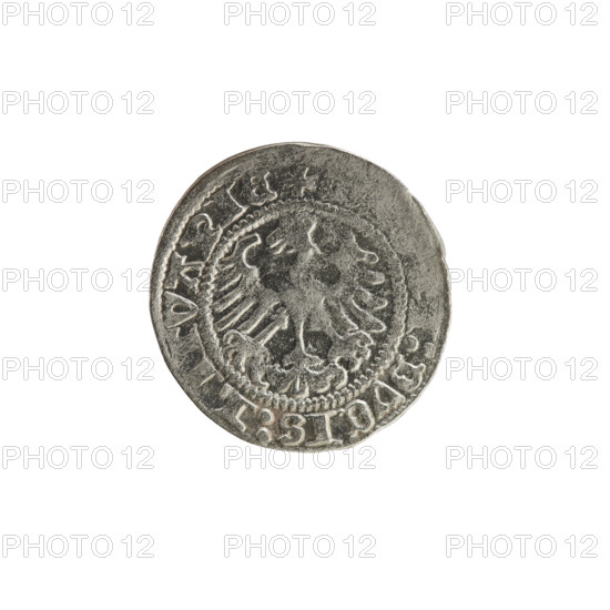 Lithuanian half-grosz, Sigismund I the Old (King of Poland; 1506–1548). Silver coin (half-grosz), 1513. Obverse: Pogon (Lithuanian chase) turned left; in rim between pearl borders an inscription: + MO, IGISMV, DI:13. Reverse: Polish crowned eagle; in rim between pearl borders an inscription: + I:DVCIS:LITVANIE, 1513. Coats of arms: Pogon and Polish Eagle; Jagiellon dynasty. Grand Duchy of Lithuania; Vilnius; Poland.