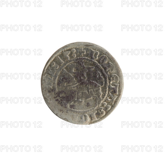 Lithuanian half-grosz, Sigismund I the Old (King of Poland; 1506–1548). Obverse: Pogon (Lithuanian coat of arms) turned left; in the rim between pearl borders an inscription: + COIN:SIG, :13:. Reverse: Polish Eagle with a crown; in the rim between pearly borders an inscription: + MAGNI:DVCIS:LI E, 1513. Grand Duchy of Lithuania, Vilnius. Materials: coin; subject: Polish and Lithuanian coats of arms; date: 1513; maker: mint of Grand Duchy of Lithuania.