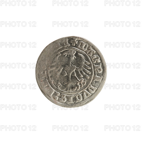 Lithuanian half-grosz, Sigismund I the Old (King of Poland; 1506–1548). Silver coin, 1513. Obverse: Pogon (Lithuanian coat of arms) turned left; inscription in rim between pearled borders: + COIN:SIG, :13:. Reverse: Polish crowned eagle; inscription in rim between pearled borders: + MAGNI:DVCIS:LI E. Grand Duchy of Lithuania, Vilnius.