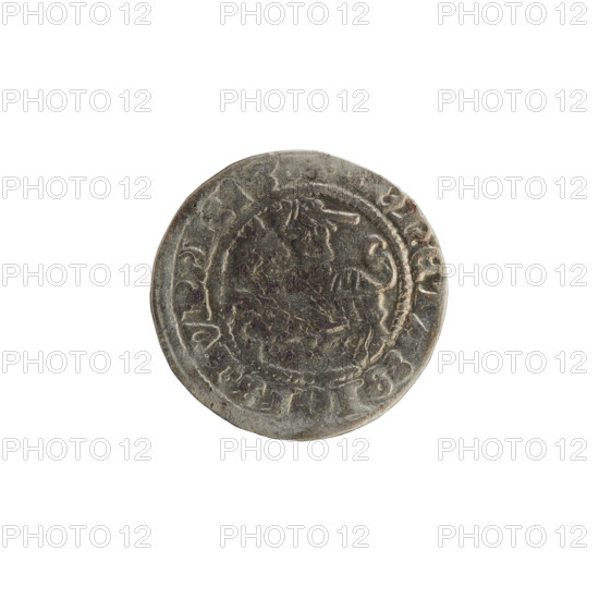Lithuanian half-grosz, Sigismund I the Old (King of Poland; 1506–1548). Obverse: Pogon (Lithuanian coat of arms) turned left; in the rim between pearl borders an inscription: + NETA:SIGISMVNDI:13. Reverse: Polish Eagle with a crown; in the rim between pearl borders an inscription: + MAGNI:DVCIS:LITVANIE. Dated 1513. Grand Duchy of Lithuania (Vilnius), Poland. Materials: coin; coats of arms: Eagle (coat of arms), Pogon; dynasty: Jagiellons.