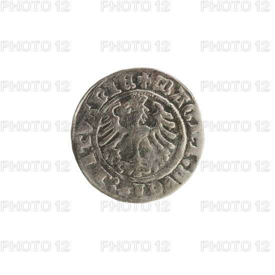 Lithuanian half-grosz, Sigismund I the Old (King of Poland; reign 1506–1548). Silver coin (half-grosz), 1513. Obverse: Pogon (Lithuanian coat of arms) turned left; rim inscription between pearl borders: + NETA:SIGISMVNDI:13. Reverse: crowned Polish Eagle; rim inscription between pearl borders: + MAGNI:DVCIS:LITVANIE. Grand Duchy of Lithuania, Vilnius; Poland.