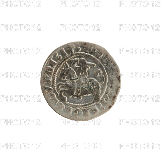 Lithuanian half-grosz, Sigismund I the Old (King of Poland; reign 1506–1548). Silver coin (half-grosz), dated 1513. Obverse: Pogon (Lithuanian mounted knight) facing left; rim between pearl borders with inscription '+ A:SIGISMVNDI:13'. Reverse: crowned Polish Eagle; rim between pearl borders with inscription '+ MAGNI:DVIS:LI:E, 1513'. Coats of arms: Pogon and crowned Polish Eagle. Function: coin of the Grand Duchy of Lithuania/Poland.
