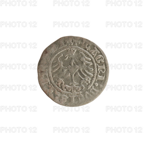 Lithuanian half-grosz, Sigismund I the Old (King of Poland; 1506–1548). Silver coin (half-grosz), 1513. Obverse: Pogon (Lithuanian mounted knight) turned left; rim between pearl borders with inscription '+ A:SIGISMVNDI:13'. Reverse: Polish crowned eagle; rim between pearl borders with inscription '+ MAGNI:DV, IS:LI, E, 1513'. Coats of arms: Eagle (Poland) and Pogon (Lithuania). Grand Duchy of Lithuania, Vilnius; Poland.