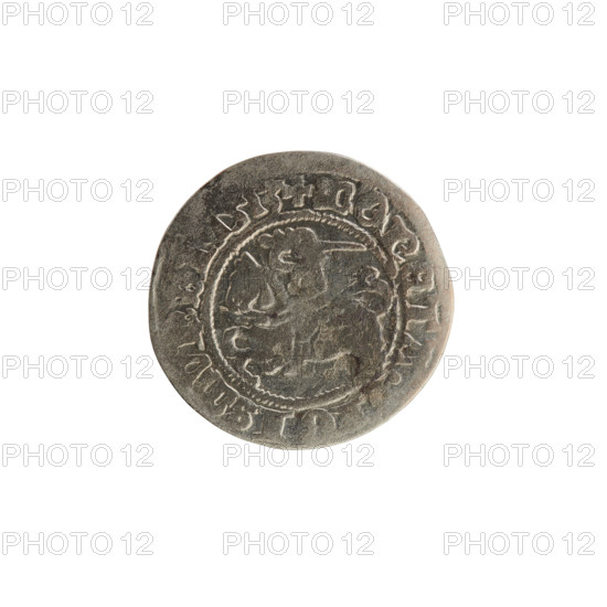 Lithuanian half-grosz, Sigismund I the Old (King of Poland; 1506–1548), 1513. Obverse: Pogon (Lithuanian coat of arms) turned left; in the rim between pearl borders an inscription: + MONETA, GISMVNDI, 1513. Reverse: Polish crowned eagle; in the rim between pearl borders an inscription: + MA, VCIS:LITVANIE.:., 1513. Materials and function: coin; Grand Duchy of Lithuania (Vilnius), Poland.
