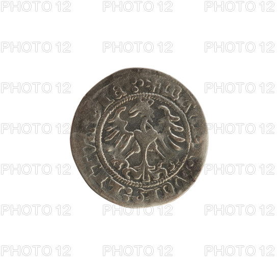 Lithuanian half-grosz, Sigismund I the Old (King of Poland; 1506–1548). Obverse: Pogon (Lithuanian coat of arms) turned left; legend in rim between pearl borders: + MONETA, GISMVNDI, 1513. Reverse: Polish crowned eagle; legend in rim between pearl borders: + MA, VCIS:LITVANIE.:., 1513. Coats of arms; Polish and Lithuanian iconography; Grand Duchy of Lithuania; Vilnius; coin.