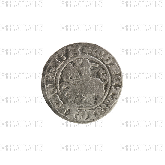 Lithuanian half-grosz, Sigismund I the Old (King of Poland; 1506–1548), 1513. Obverse: Pogon (mounted knight) turned left; in the rim between pearly borders an inscription: + MONETA:SIGISMVNDI:13. Reverse: Polish crowned Eagle; in the rim between pearly borders an inscription: + MAGNI:DVCIS:LITVAN. Silver coin, Grand Duchy of Lithuania (Vilnius), features coats of arms of Poland and Lithuania, Jagiellon dynasty.