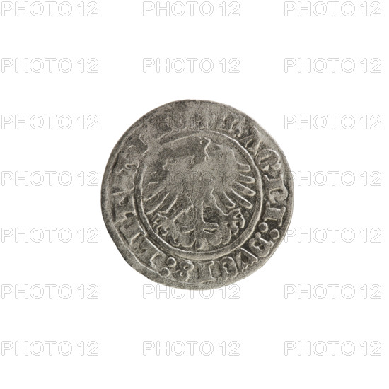 Lithuanian half-grosz, Sigismund I the Old (King of Poland; 1506–1548), 1513. Obverse: Pogon (Lithuanian coat of arms) turned left; in the rim between pearly borders an inscription: + MONETA:SIGISMVNDI:13. Reverse: crowned Polish Eagle; in the rim between pearly borders an inscription: + MAGNI:DVCIS:LITVAN. Silver coin, Grand Duchy of Lithuania (Vilnius), Polish–Lithuanian realms.