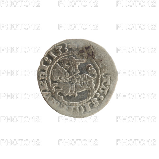 Lithuanian half-grosz, Sigismund I the Old (King of Poland; reign 1506–1548), 1513. Coin (Polish/Lithuanian): obverse — Pogon (Lithuanian coat of arms) facing left; rim inscription between pearl-shaped borders: + ETA:SIG VNDI:13:; reverse — crowned Polish eagle; rim inscription between pearl-shaped borders: + MAGNI:DVC NIE:; associated with the Grand Duchy of Lithuania, Vilnius.