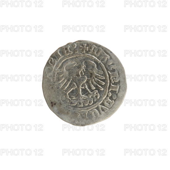 Lithuanian half-grosz, Sigismund I the Old (King of Poland; reign 1506–1548), 1513. Silver coin (half-grosz) struck in Vilnius, Grand Duchy of Lithuania. Obverse: Pogon (Lithuanian charging knight) turned left; rim inscription between pearl-shaped borders: + ETA:SIG: VNDI:13:. Reverse: crowned Polish eagle; rim inscription between pearl-shaped borders: + MAGNI:DVC: NIE: 1513. Features coats of arms of the Jagiellon dynasty.