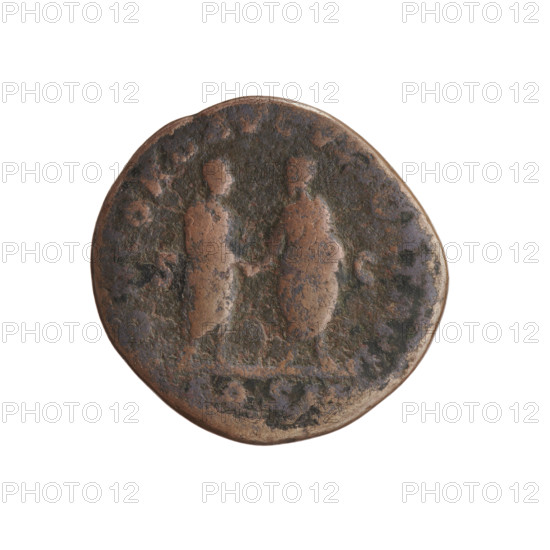 Lucius Verus (130–169; Roman emperor 161–169), issuer. Obverse: head of Lucius Verus uncovered to the right, inscribed SL AVREL - VG around. Reverse: Lucius Verus and Marcus Aurelius (121–180; Roman emperor 161–180) in togas stand opposite each other, holding scrolls and shaking hands, inscribed CORD AVGVSTO, II around, in the episode COS I, fields S - C, dated 161–162. Roman coin; Roman Empire (27 BC–476), Rome. Coin diameter 24.5–25.5 mm, weight 8.83 g, axis 0°.
