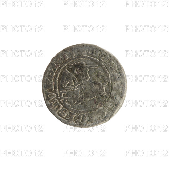 Lithuanian half-grosz, Sigismund I the Old (King of Poland; reign 1506–1548). Silver coin (1513). Obverse: Pogon (Lithuanian coat of arms) turned left; inscription in rim between pearl borders: MONE GISMVNDI. Reverse: Polish crowned Eagle; inscription in rim between pearl borders: MAGNI DV. Associated with the Grand Duchy of Lithuania—Vilnius; Polish–Lithuanian context; Jagiellon dynasty.