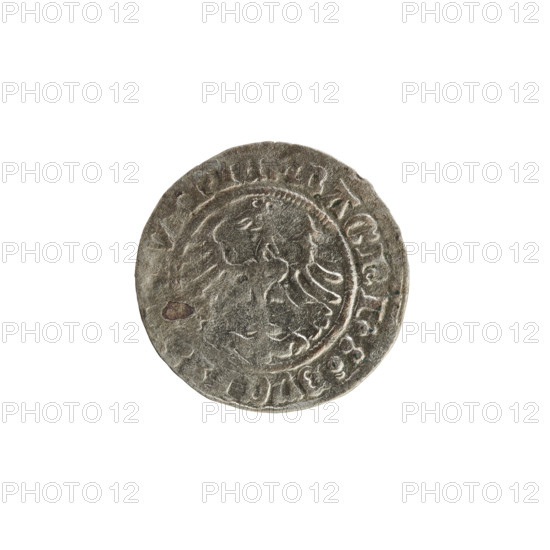 Lithuanian half-grosz, Sigismund I the Old (King of Poland; 1506–1548). Obverse: Pogon (Lithuanian coat of arms) turned left; in the rim between pearl borders an inscription: MONE GISMVNDI. Reverse: crowned Polish Eagle; in the rim between pearl borders an inscription: MAGNI:::DV. Dated 1513. Polish coin from the Grand Duchy of Lithuania, struck in Vilnius.